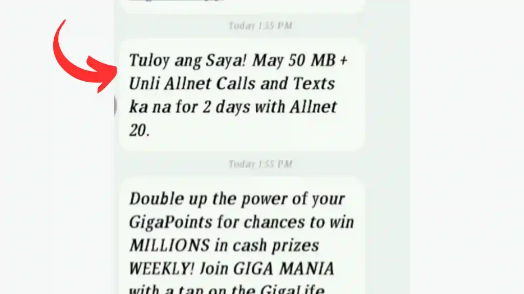 confirmation message ABOUT 50 MB data